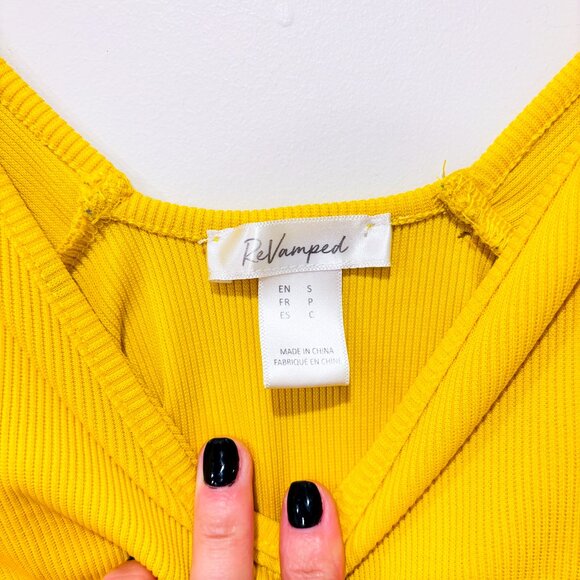 REVAMPED Yellow Ribbed Bodysuit | Rib Knit V-Neck Minimalist Essential | Small * - Picture 5 of 7